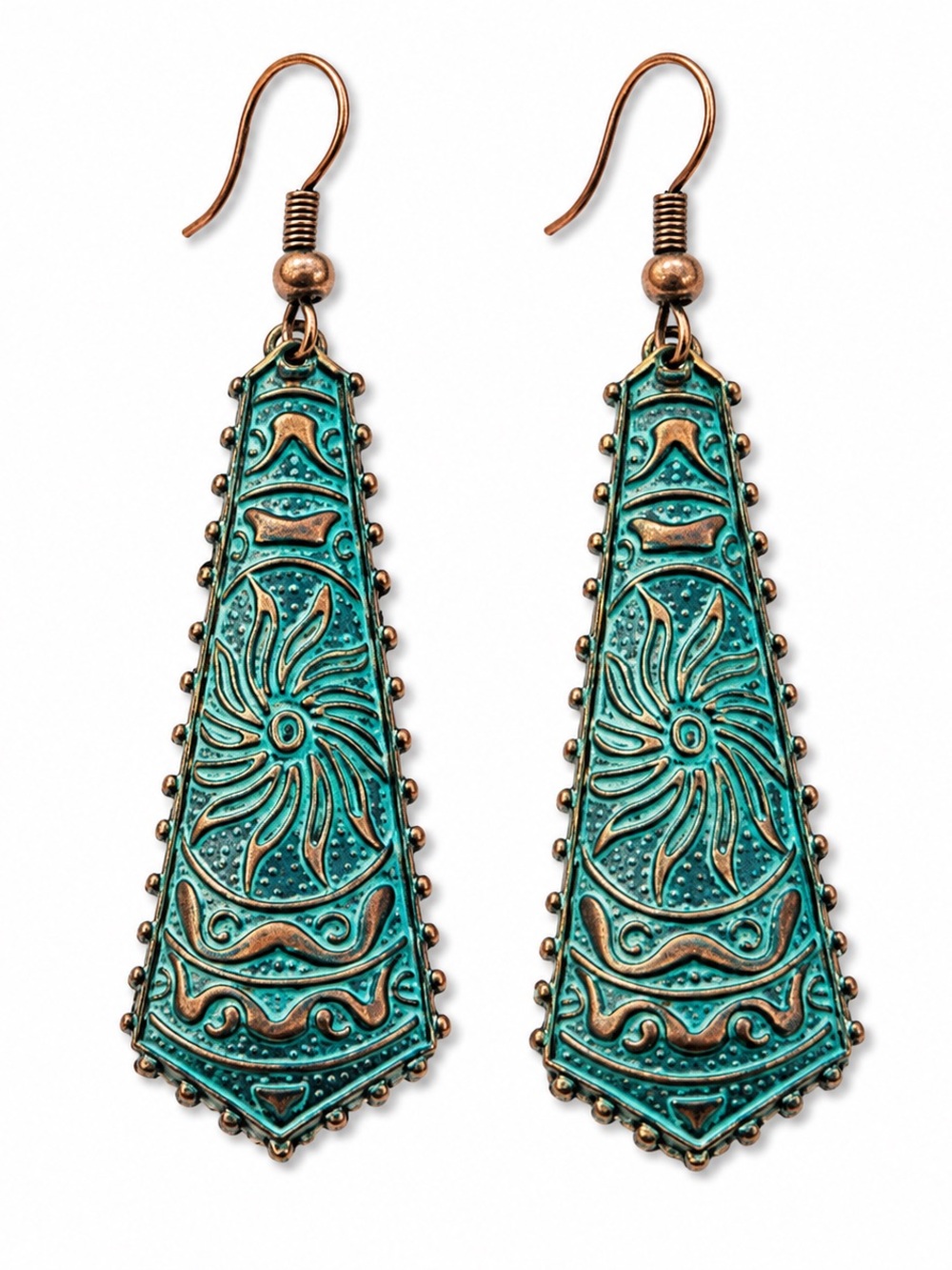 Turquoise Patina Copper Long Dangle Earrings Embossed Boho Statement